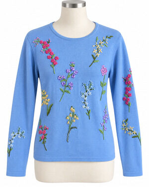 The Quacker Factory Women S Blue Floral Embroidered Long Sleeve Knit Sweater